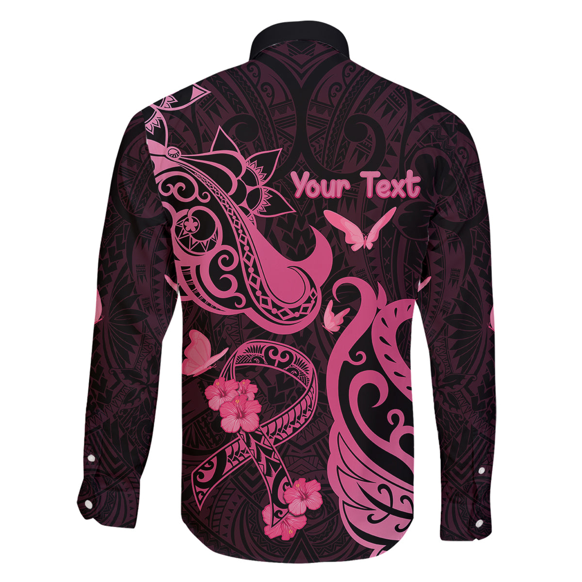 Personalized Breast Cancer Awareness Family Matching Short Sleeve Bodycon Dress and Hawaiian Shirt Ribbon Polynesian Pattern Black Version LT05 - Polynesian Pride