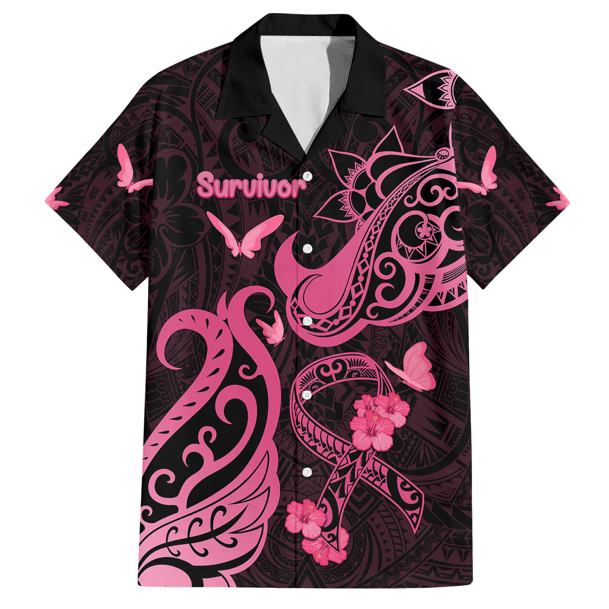 Personalized Breast Cancer Awareness Family Matching Tank Maxi Dress and Hawaiian Shirt Ribbon Polynesian Pattern Black Version LT05 Dad's Shirt - Short Sleeve Black - Polynesian Pride