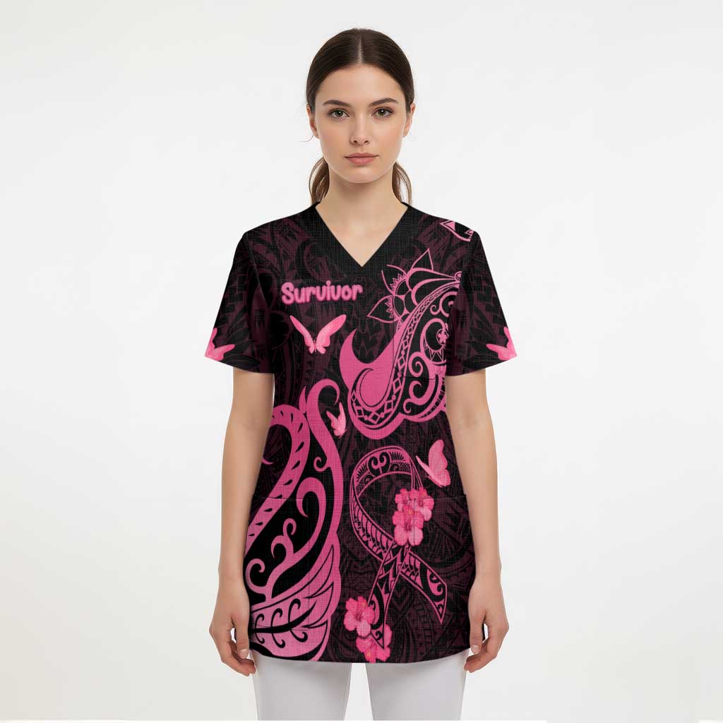 Personalized Breast Cancer Awareness Scrub Top Ribbon Polynesian Pattern Black Version - Polynesian Pride