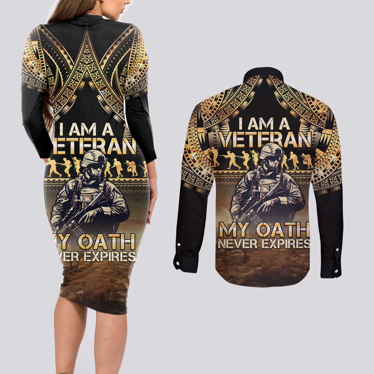 Polynesia Veterans Day Couples Matching Long Sleeve Bodycon Dress and Long Sleeve Button Shirt Thank You Veterans Polynesian Pattern