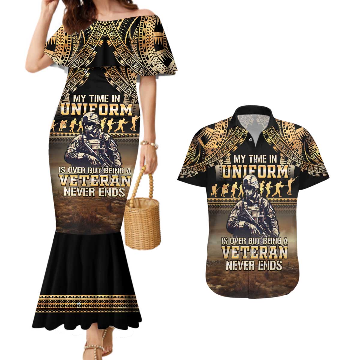 Polynesia Veterans Day Couples Matching Mermaid Dress and Hawaiian Shirt Thank You Veterans Polynesian Pattern LT05 Gold - Polynesian Pride