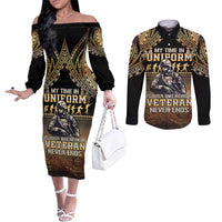 Polynesia Veterans Day Couples Matching Off The Shoulder Long Sleeve Dress and Long Sleeve Button Shirt Thank You Veterans Polynesian Pattern