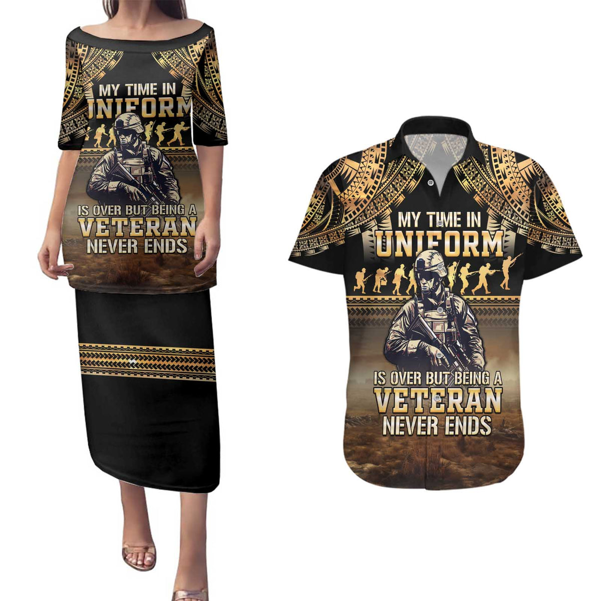 Polynesia Veterans Day Couples Matching Puletasi and Hawaiian Shirt Thank You Veterans Polynesian Pattern
