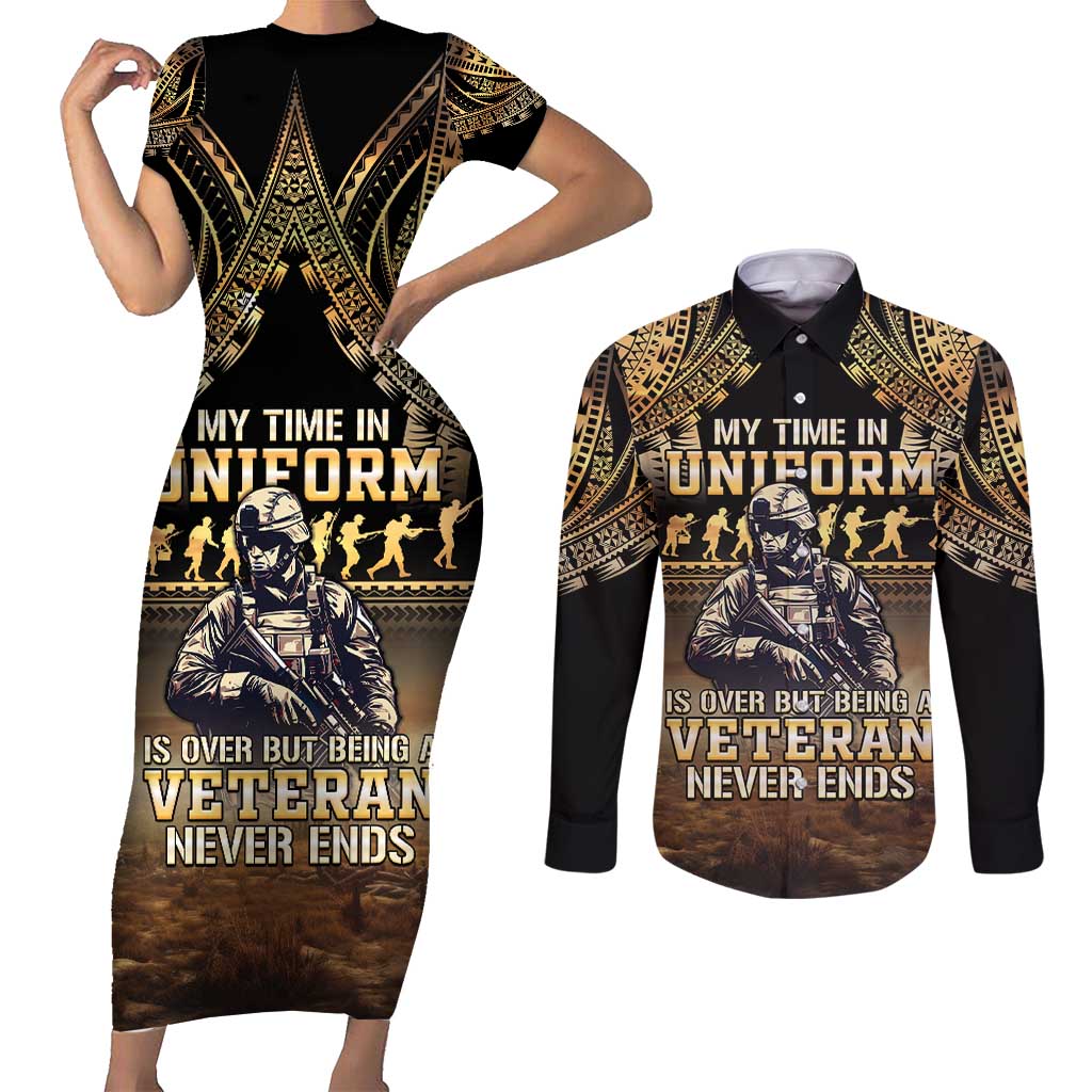Polynesia Veterans Day Couples Matching Short Sleeve Bodycon Dress and Long Sleeve Button Shirt Thank You Veterans Polynesian Pattern