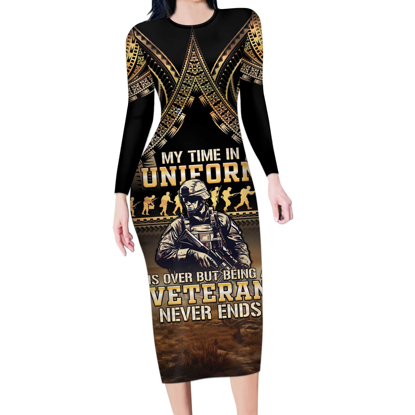 Polynesia Veterans Day Long Sleeve Bodycon Dress Thank You Veterans Polynesian Pattern LT05 Long Dress Gold - Polynesian Pride