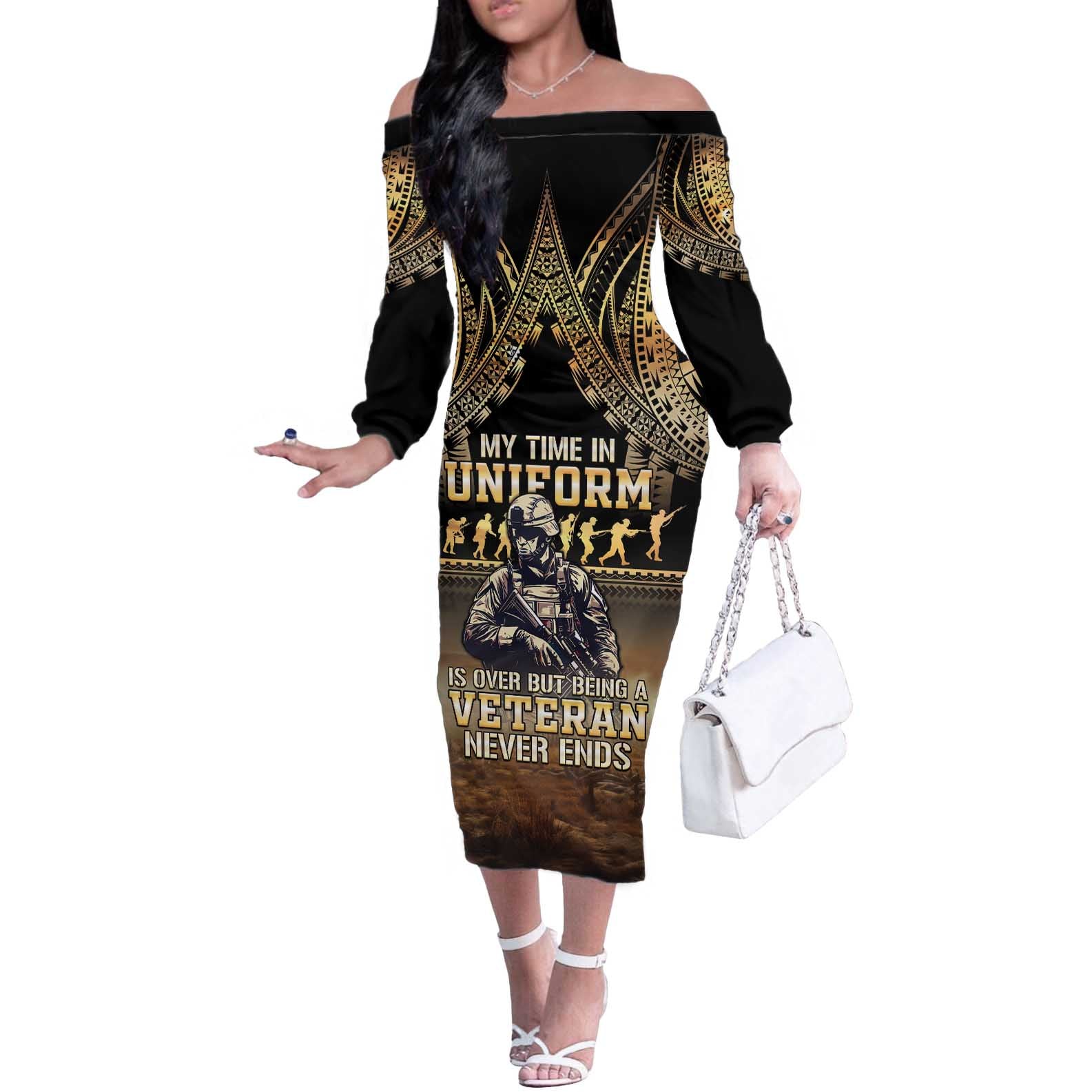 Polynesia Veterans Day Off The Shoulder Long Sleeve Dress Thank You Veterans Polynesian Pattern LT05 Women Gold - Polynesian Pride