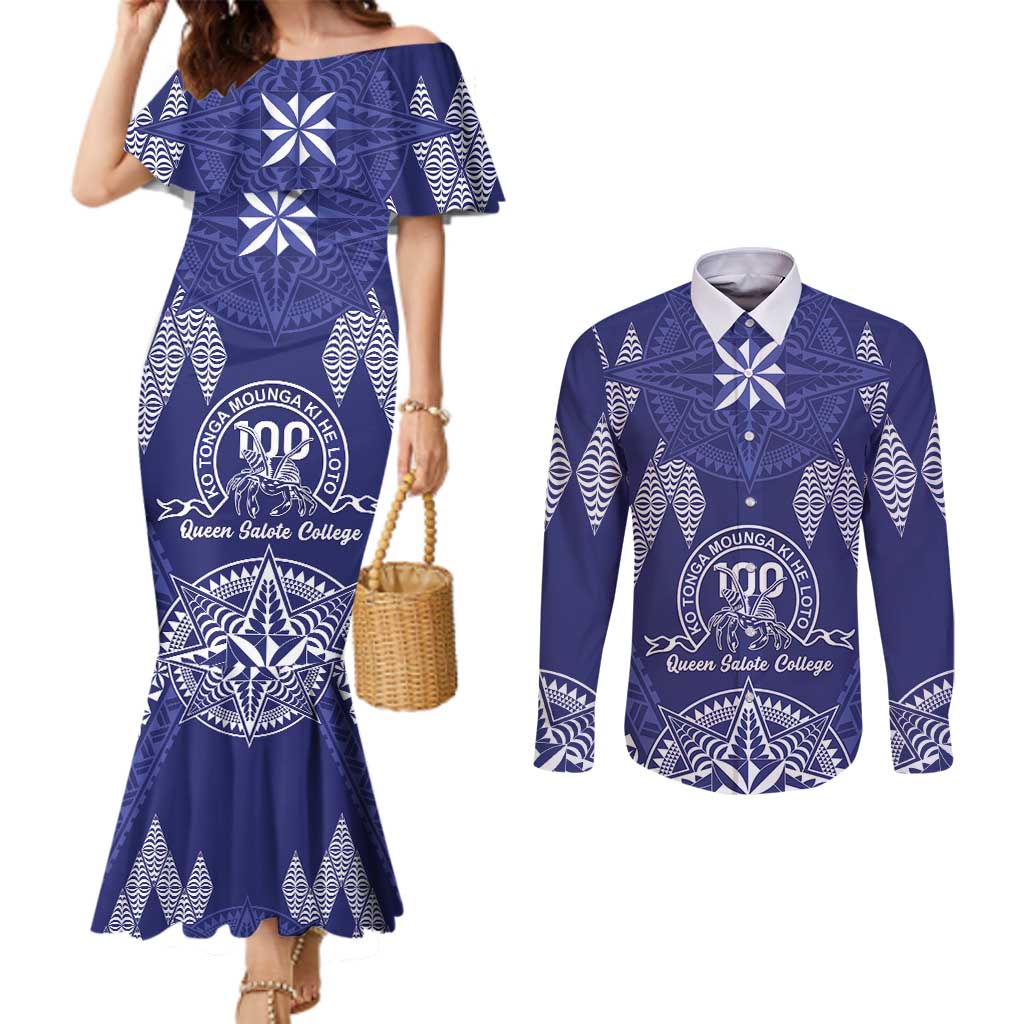 Personalised Queen Salote College Centenary Couples Matching Mermaid Dress and Long Sleeve Button Shirt Tongan Kupesi Pattern - Polynesian Pride