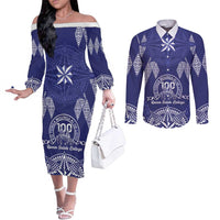Personalised Queen Salote College Centenary Couples Matching Off The Shoulder Long Sleeve Dress and Long Sleeve Button Shirt Tongan Kupesi Pattern - Polynesian Pride