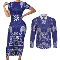 Personalised Queen Salote College Centenary Couples Matching Short Sleeve Bodycon Dress and Long Sleeve Button Shirt Tongan Kupesi Pattern - Polynesian Pride