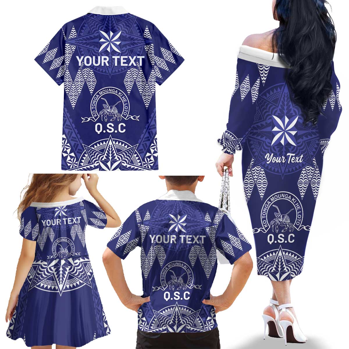 Personalised Queen Salote College Centenary Family Matching Off The Shoulder Long Sleeve Dress and Hawaiian Shirt Tongan Kupesi Pattern - Polynesian Pride