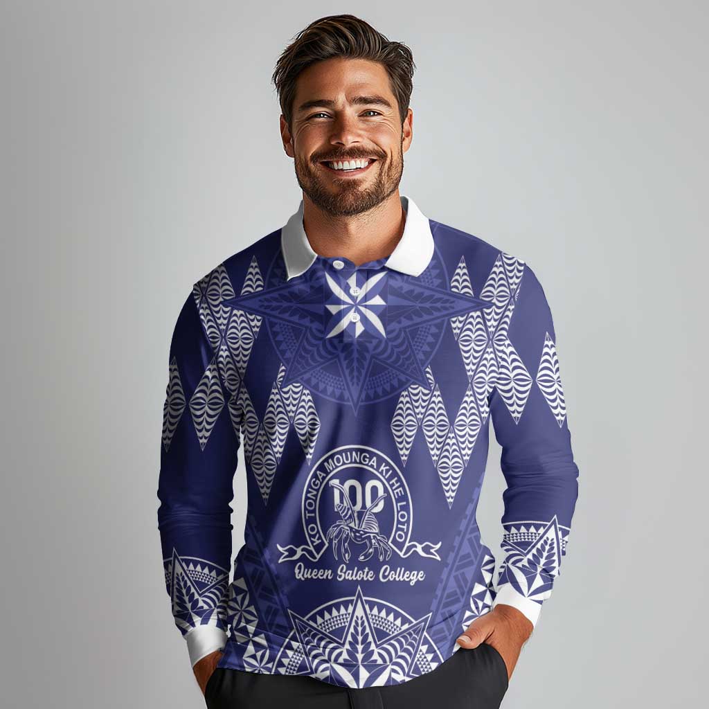 Personalised Queen Salote College Centenary Long Sleeve Polo Shirt Tongan Kupesi Pattern - Polynesian Pride