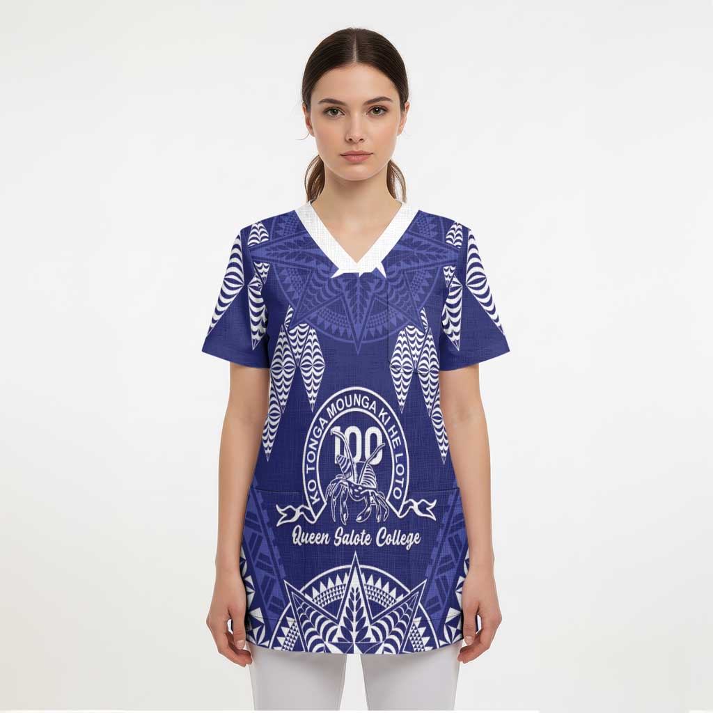 Personalised Queen Salote College Centenary Scrub Top Tongan Kupesi Pattern - Polynesian Pride