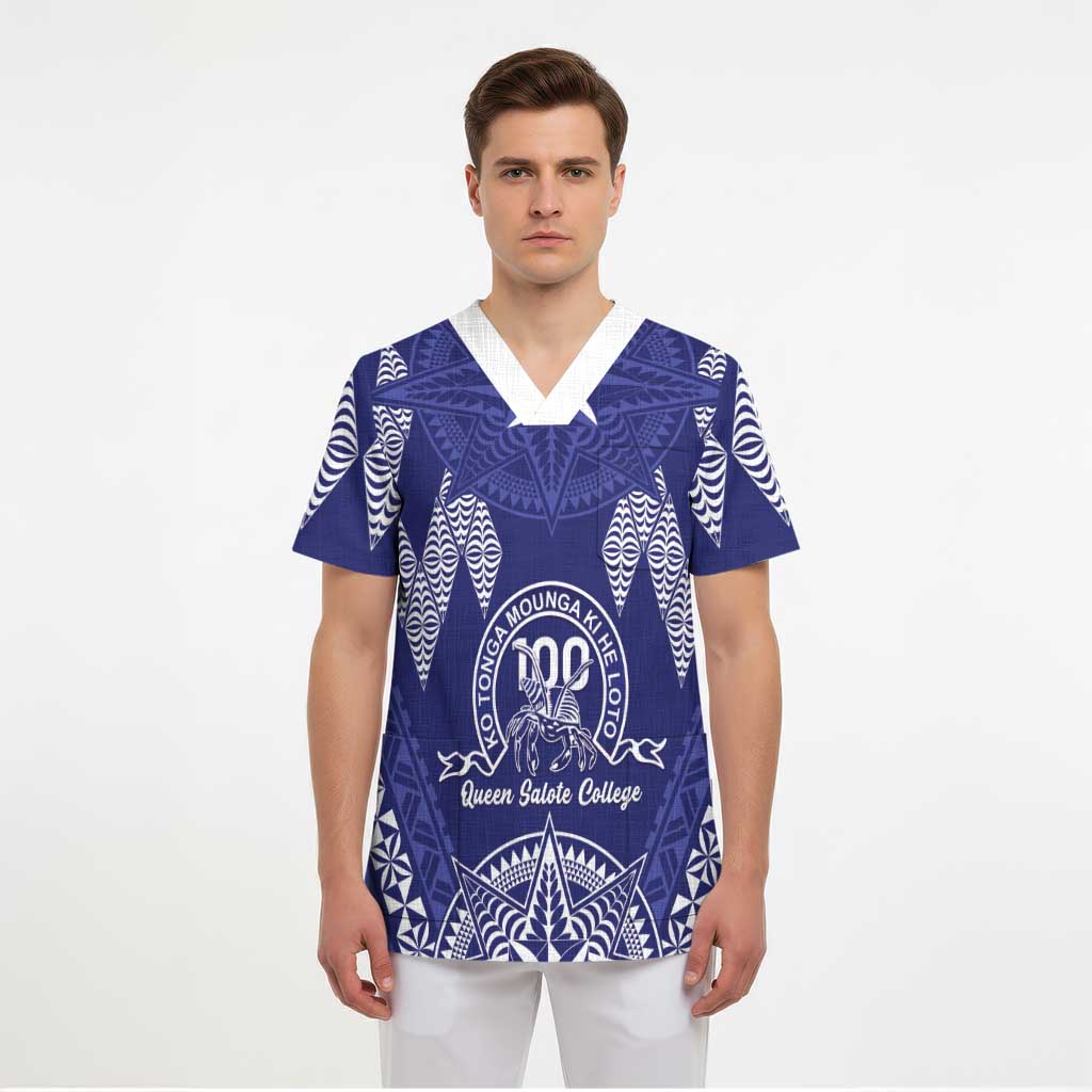 Personalised Queen Salote College Centenary Scrub Top Tongan Kupesi Pattern - Polynesian Pride