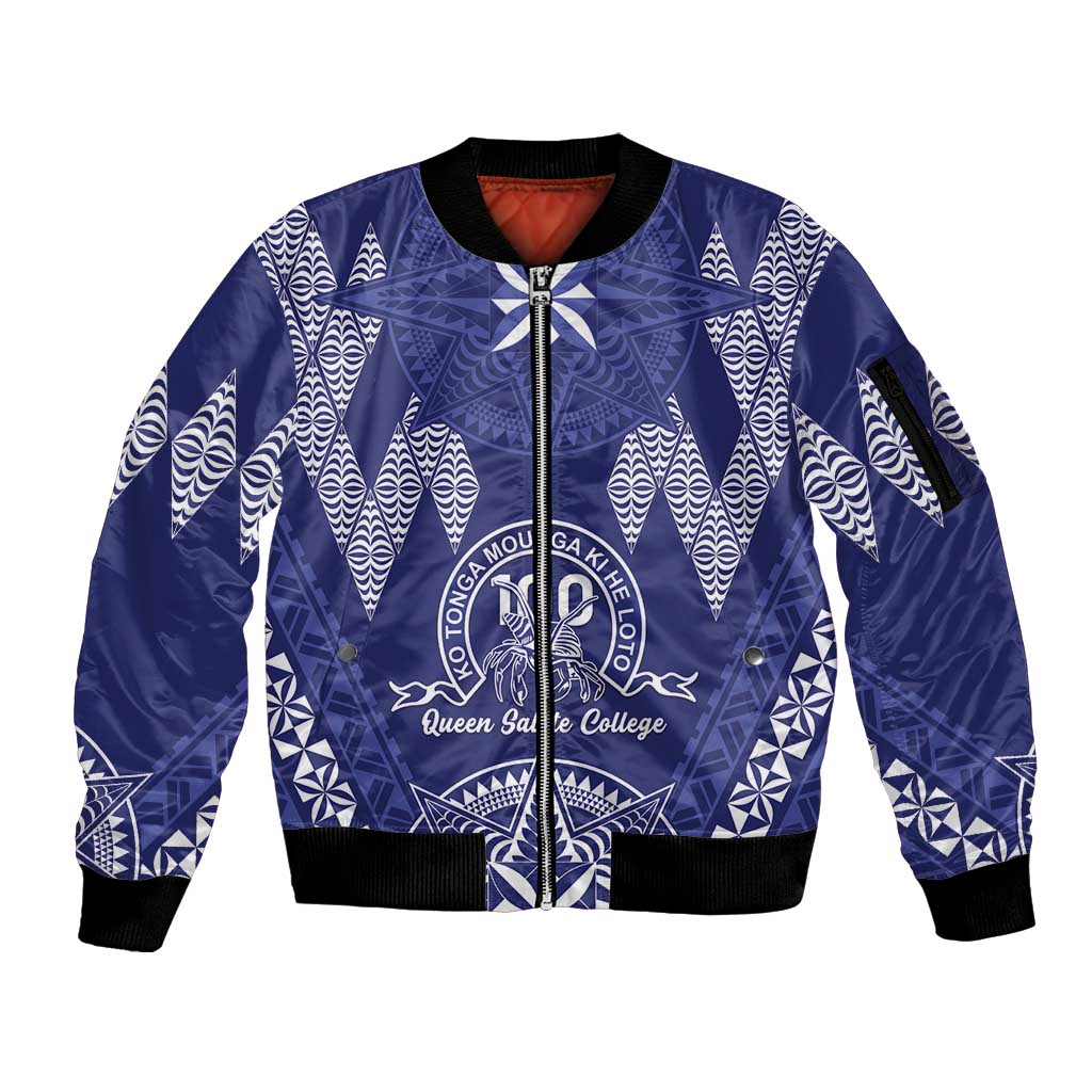 Personalised Queen Salote College Centenary Sleeve Zip Bomber Jacket Tongan Kupesi Pattern - Polynesian Pride