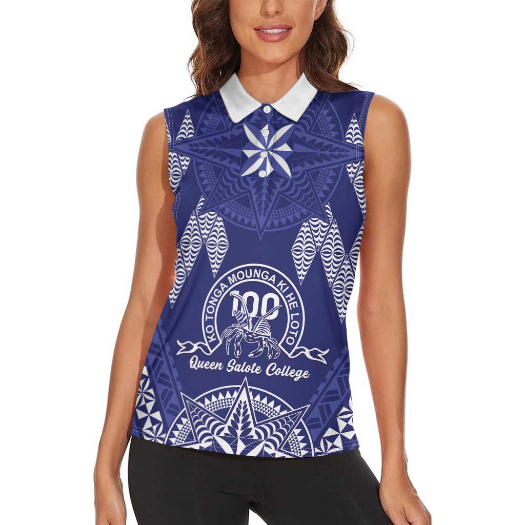 Personalised Queen Salote College Centenary Women Sleeveless Polo Shirt Tongan Kupesi Pattern - Polynesian Pride