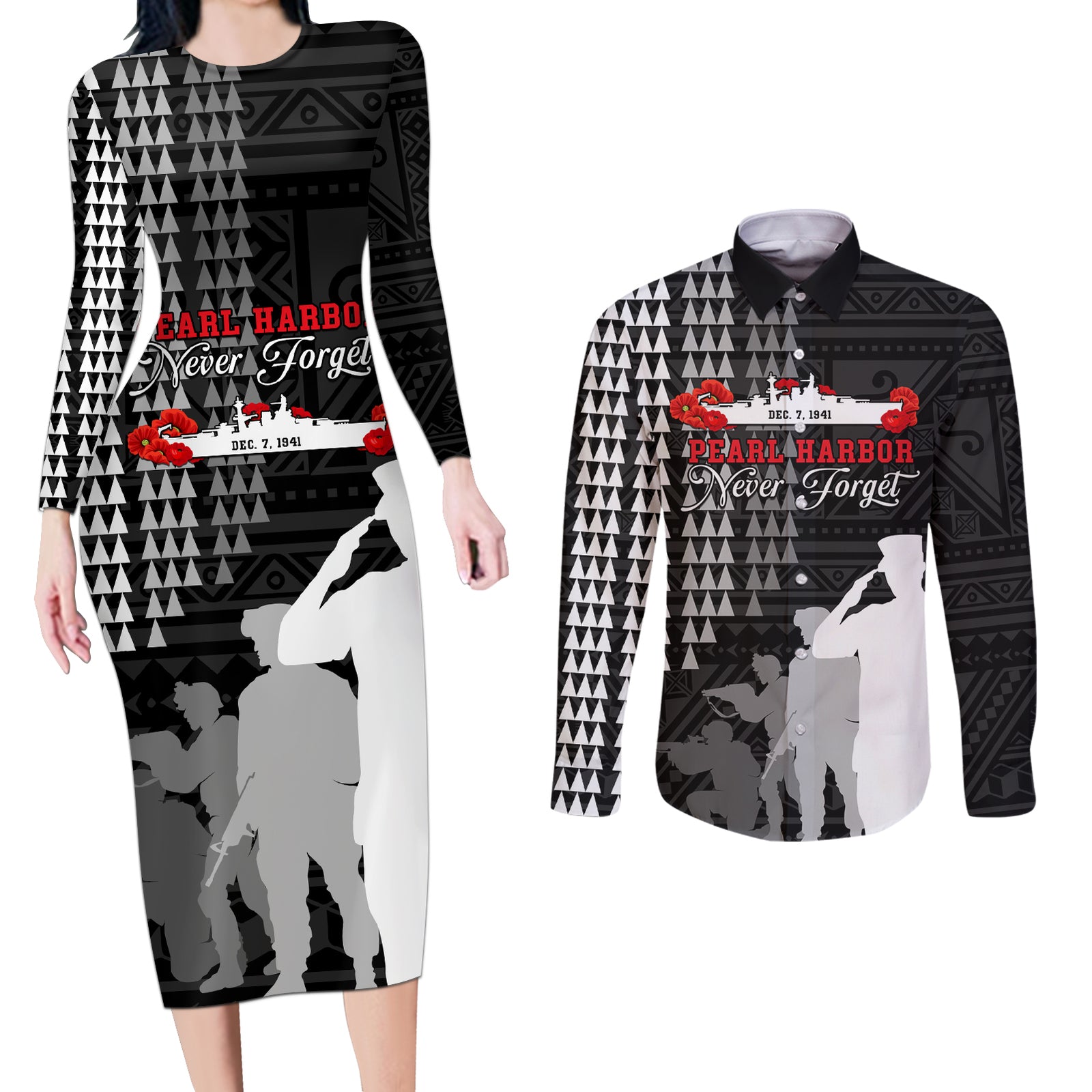 Pearl Harbor Remembrance Day Couples Matching Long Sleeve Bodycon Dress and Long Sleeve Button Shirt USS Arizona In Memory With Polynesian Pattern LT05 Black - Polynesian Pride
