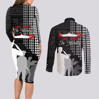 Pearl Harbor Remembrance Day Couples Matching Long Sleeve Bodycon Dress and Long Sleeve Button Shirt USS Arizona In Memory With Polynesian Pattern LT05 - Polynesian Pride
