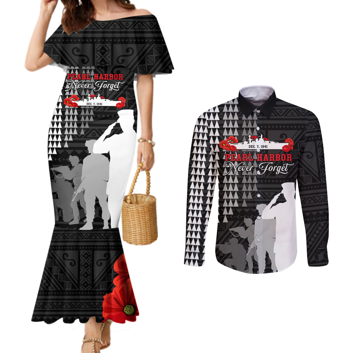 Pearl Harbor Remembrance Day Couples Matching Mermaid Dress and Long Sleeve Button Shirt USS Arizona In Memory With Polynesian Pattern LT05 Black - Polynesian Pride