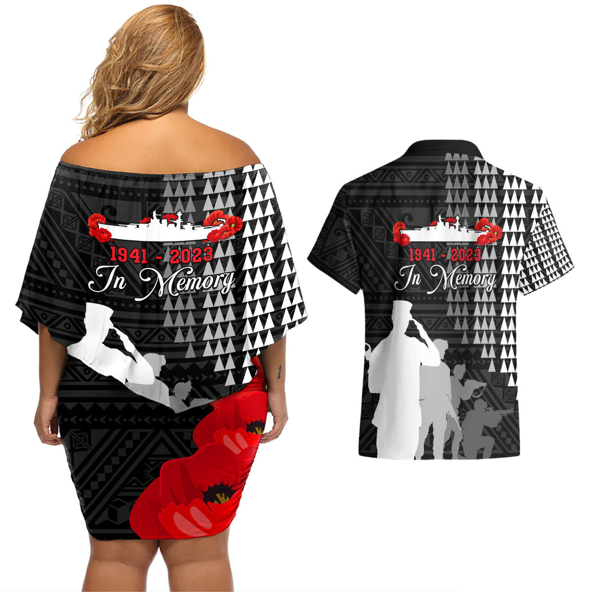 Pearl Harbor Remembrance Day Couples Matching Off Shoulder Short Dress and Hawaiian Shirt USS Arizona In Memory With Polynesian Pattern LT05 - Polynesian Pride