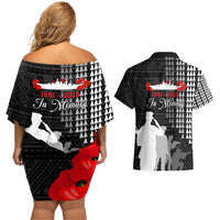 Pearl Harbor Remembrance Day Couples Matching Off Shoulder Short Dress and Hawaiian Shirt USS Arizona In Memory With Polynesian Pattern LT05 - Polynesian Pride