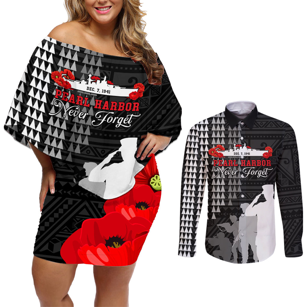 Pearl Harbor Remembrance Day Couples Matching Off Shoulder Short Dress and Long Sleeve Button Shirt USS Arizona In Memory With Polynesian Pattern LT05 Black - Polynesian Pride