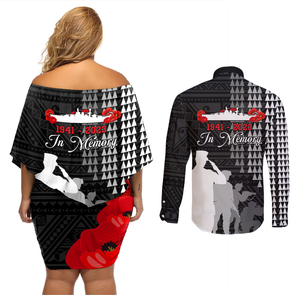 Pearl Harbor Remembrance Day Couples Matching Off Shoulder Short Dress and Long Sleeve Button Shirt USS Arizona In Memory With Polynesian Pattern LT05 - Polynesian Pride