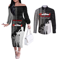 Pearl Harbor Remembrance Day Couples Matching Off The Shoulder Long Sleeve Dress and Long Sleeve Button Shirt USS Arizona In Memory With Polynesian Pattern LT05 Black - Polynesian Pride