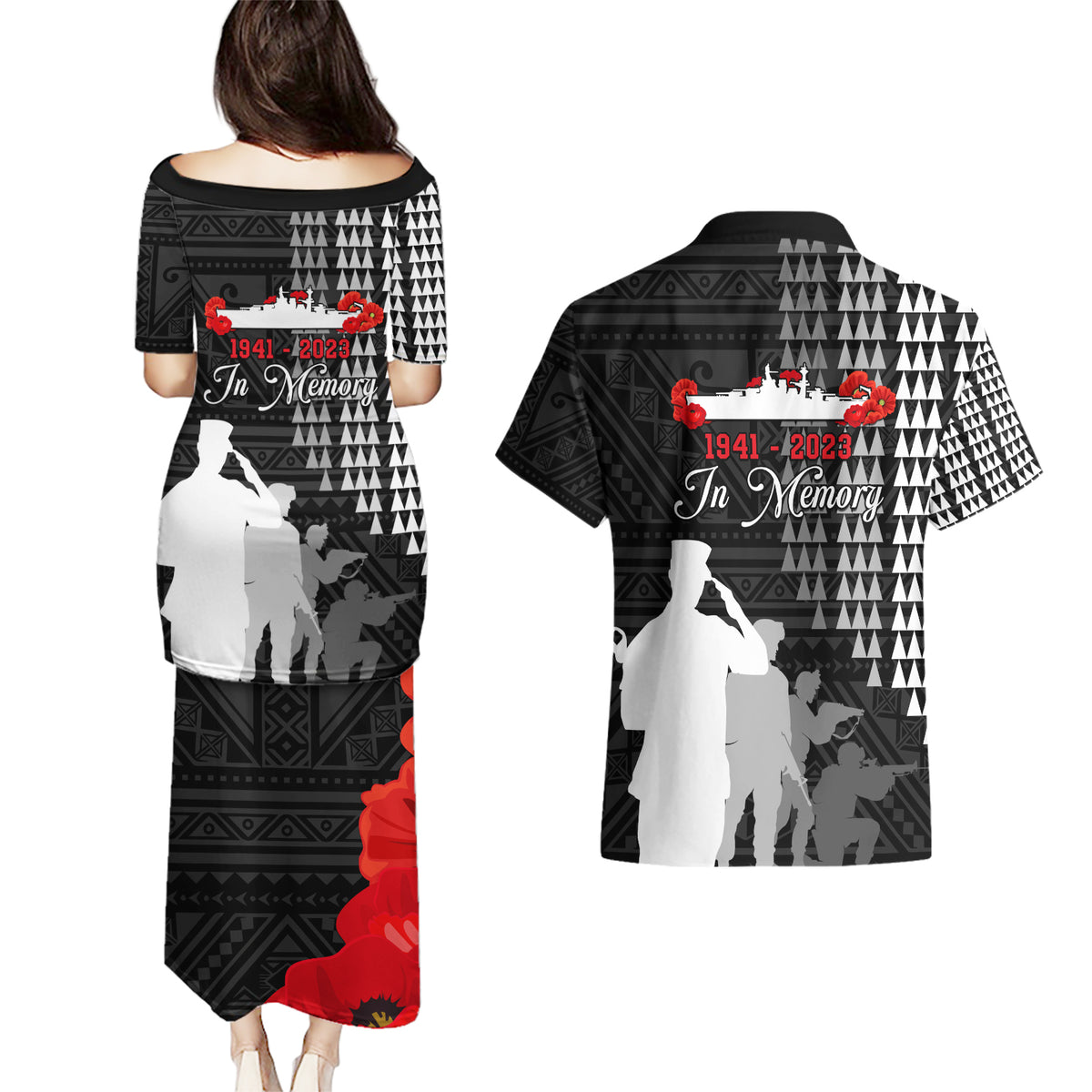 Pearl Harbor Remembrance Day Couples Matching Puletasi Dress and Hawaiian Shirt USS Arizona In Memory With Polynesian Pattern LT05 - Polynesian Pride