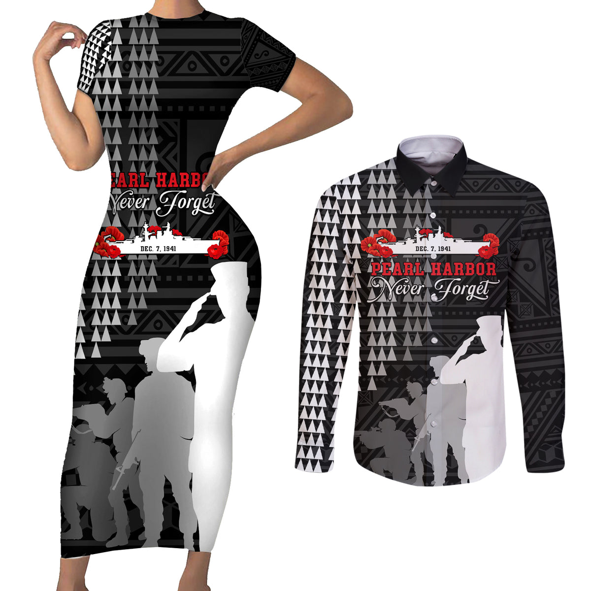 Pearl Harbor Remembrance Day Couples Matching Short Sleeve Bodycon Dress and Long Sleeve Button Shirt USS Arizona In Memory With Polynesian Pattern LT05 Black - Polynesian Pride