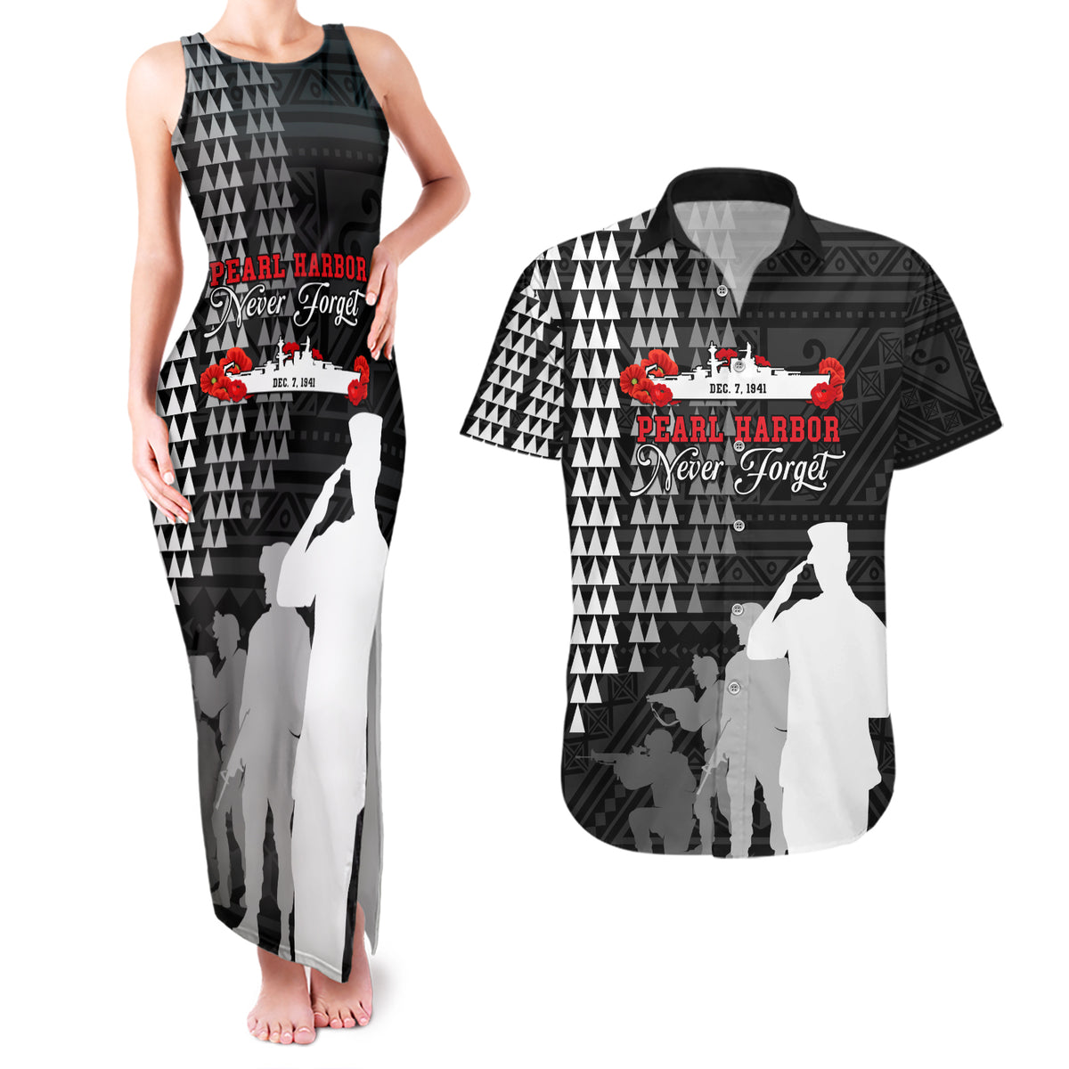 Pearl Harbor Remembrance Day Couples Matching Tank Maxi Dress and Hawaiian Shirt USS Arizona In Memory With Polynesian Pattern LT05 Black - Polynesian Pride