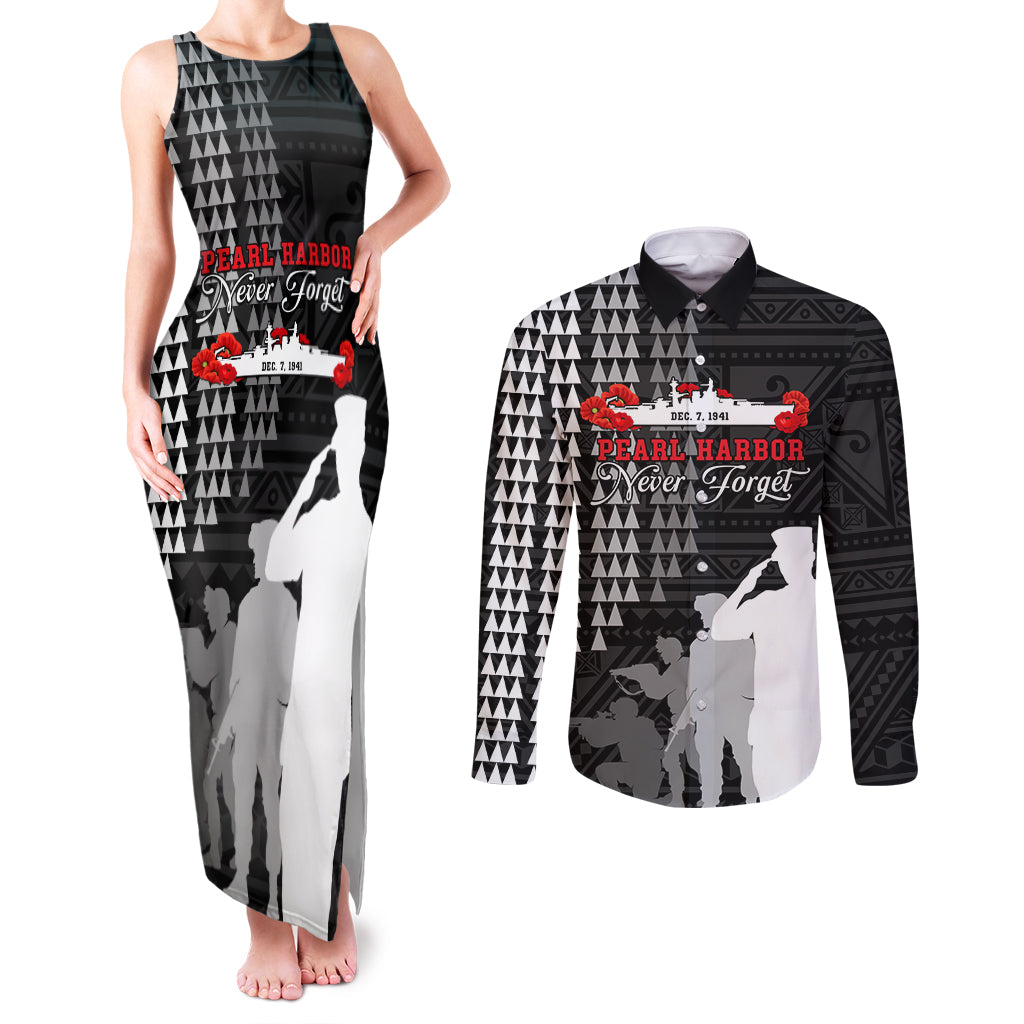 Pearl Harbor Remembrance Day Couples Matching Tank Maxi Dress and Long Sleeve Button Shirt USS Arizona In Memory With Polynesian Pattern LT05 Black - Polynesian Pride