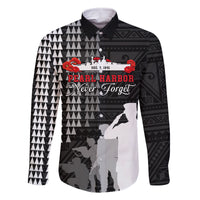 Pearl Harbor Remembrance Day Family Matching Off Shoulder Long Sleeve Dress and Hawaiian Shirt USS Arizona In Memory With Polynesian Pattern LT05 Dad's Shirt - Long Sleeve Black - Polynesian Pride