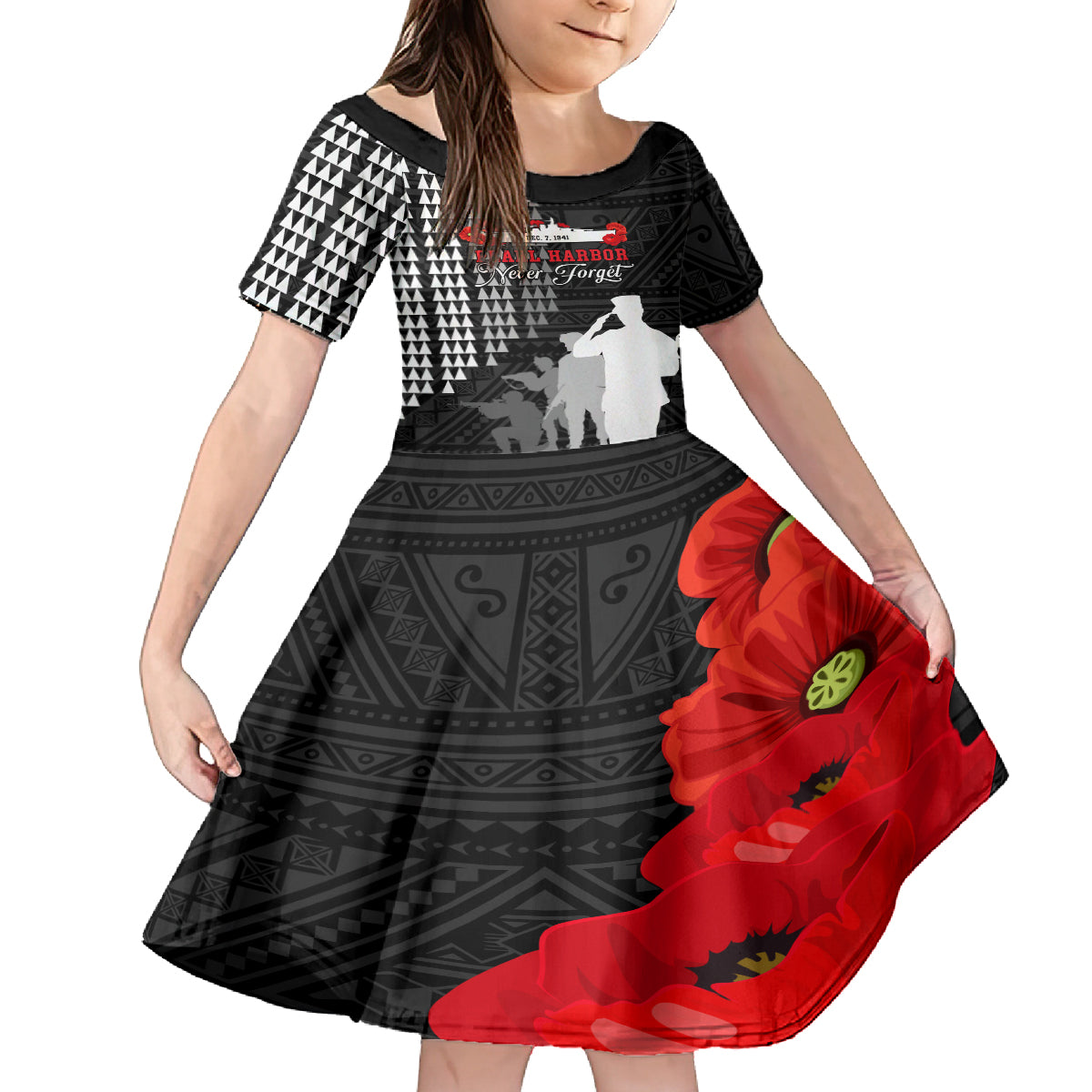 Pearl Harbor Remembrance Day Kid Short Sleeve Dress USS Arizona In Memory With Polynesian Pattern LT05 KID Black - Polynesian Pride