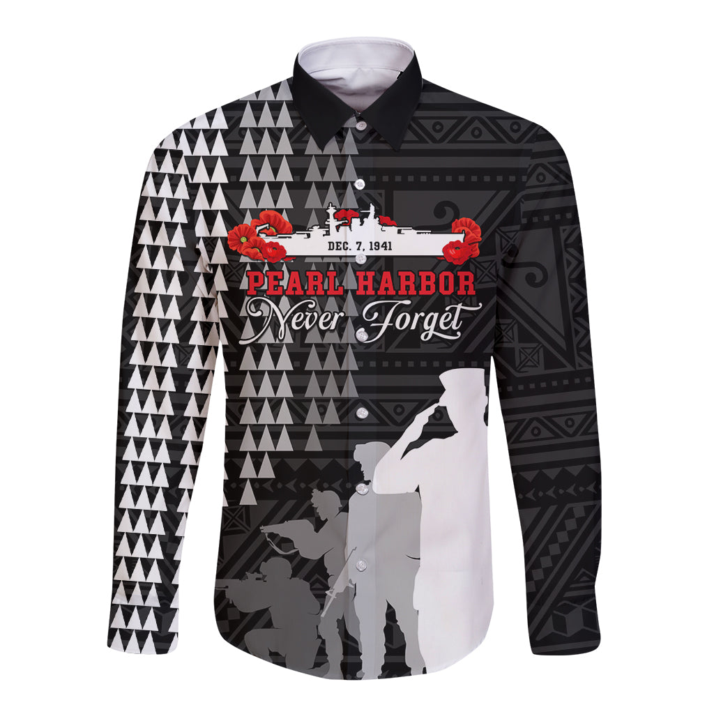 Pearl Harbor Remembrance Day Long Sleeve Button Shirt USS Arizona In Memory With Polynesian Pattern LT05 Unisex Black - Polynesian Pride