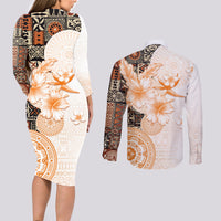 Fiji Couples Matching Long Sleeve Bodycon Dress and Long Sleeve Button Shirt Masi Tapa Pattern Brown LT05 - Polynesian Pride