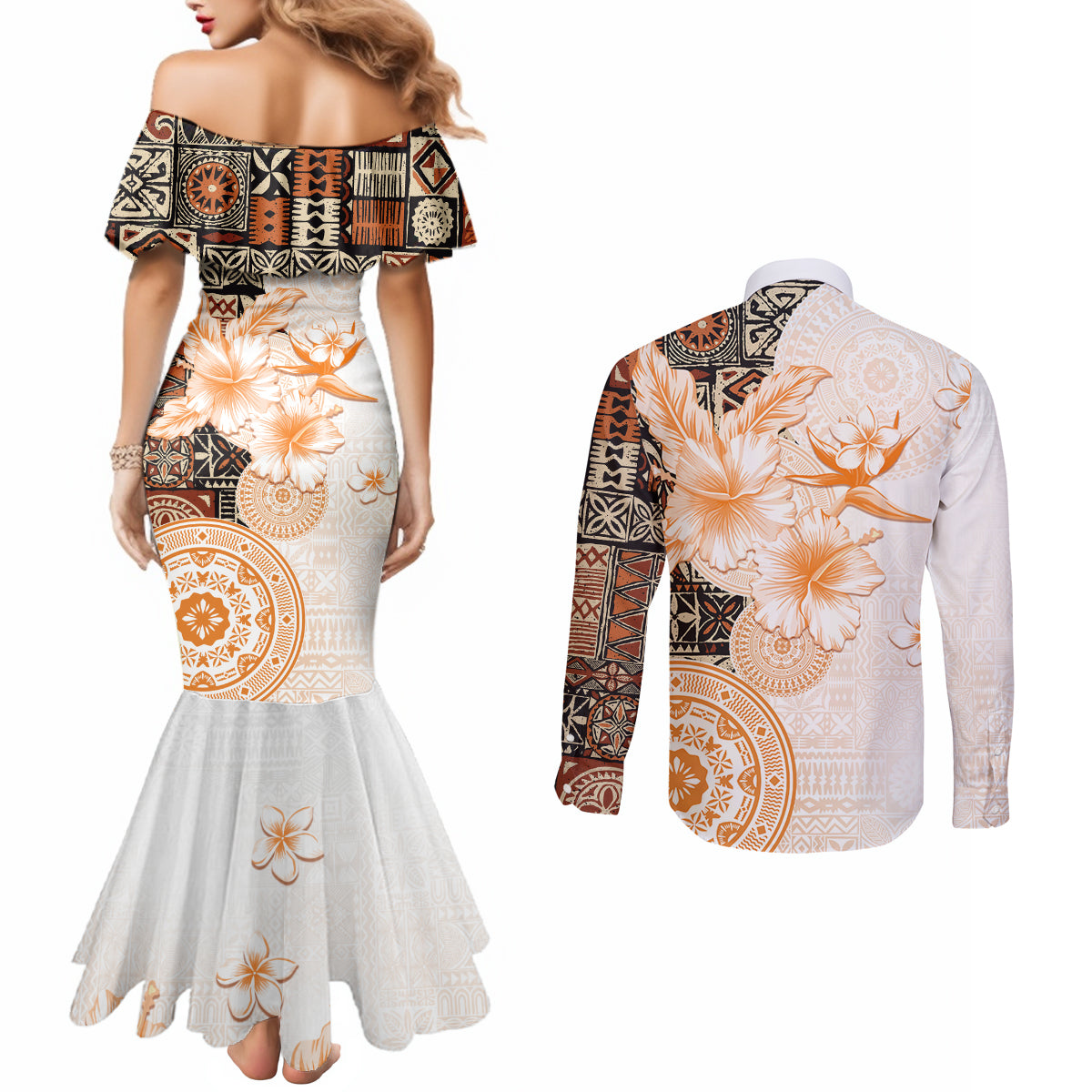 Fiji Couples Matching Mermaid Dress and Long Sleeve Button Shirt Masi Tapa Pattern Brown LT05 - Polynesian Pride