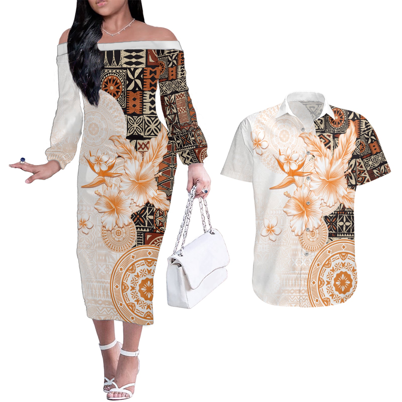 Fiji Couples Matching Off The Shoulder Long Sleeve Dress and Hawaiian Shirt Masi Tapa Pattern Brown LT05 Brown - Polynesian Pride