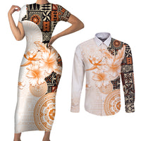 Fiji Couples Matching Short Sleeve Bodycon Dress and Long Sleeve Button Shirt Masi Tapa Pattern Brown LT05 Brown - Polynesian Pride