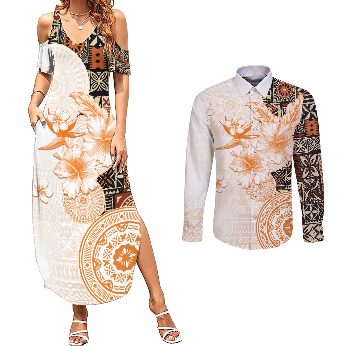 Fiji Couples Matching Summer Maxi Dress and Long Sleeve Button Shirt Masi Tapa Pattern Brown LT05 Brown - Polynesian Pride
