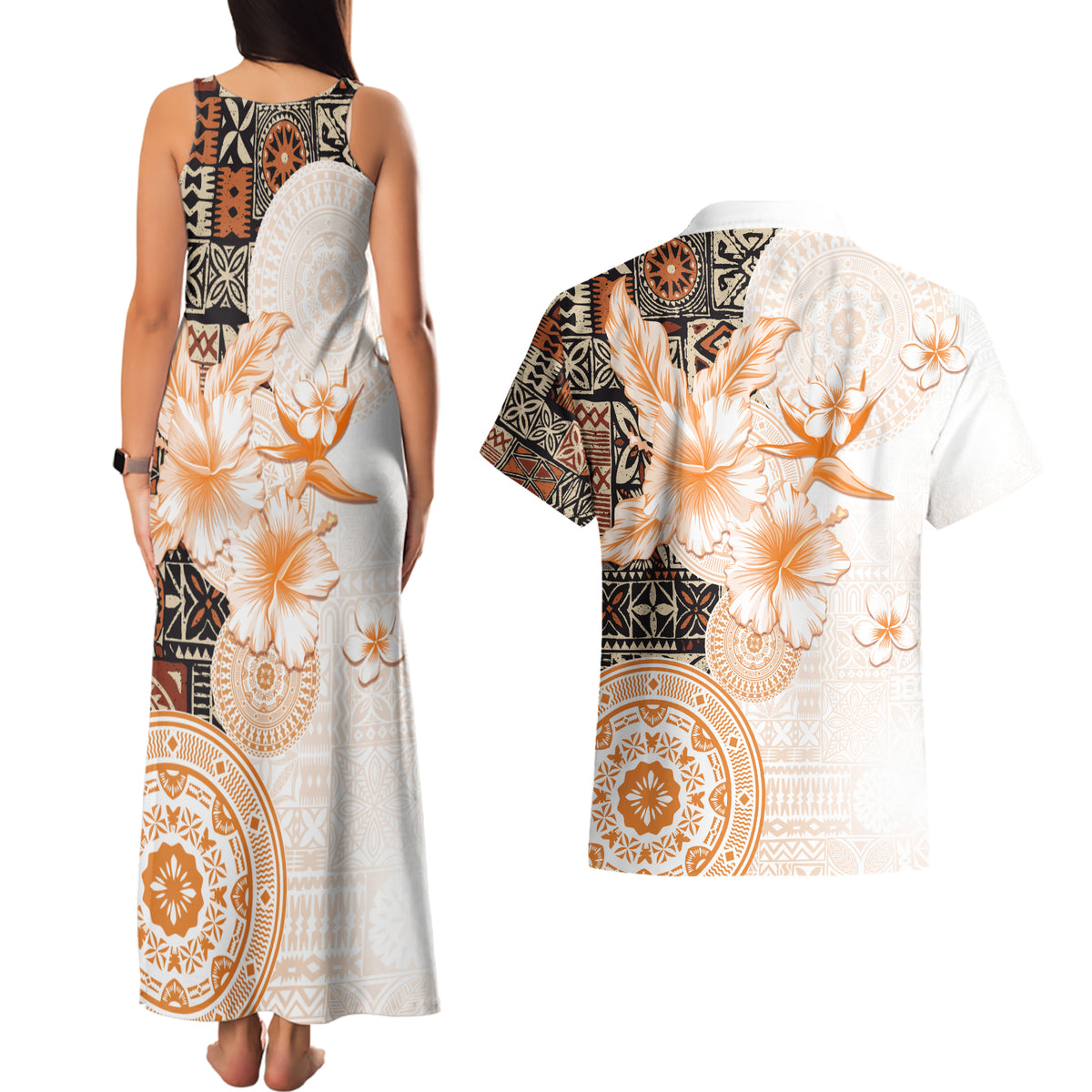 Fiji Couples Matching Tank Maxi Dress and Hawaiian Shirt Masi Tapa Pattern Brown LT05 - Polynesian Pride