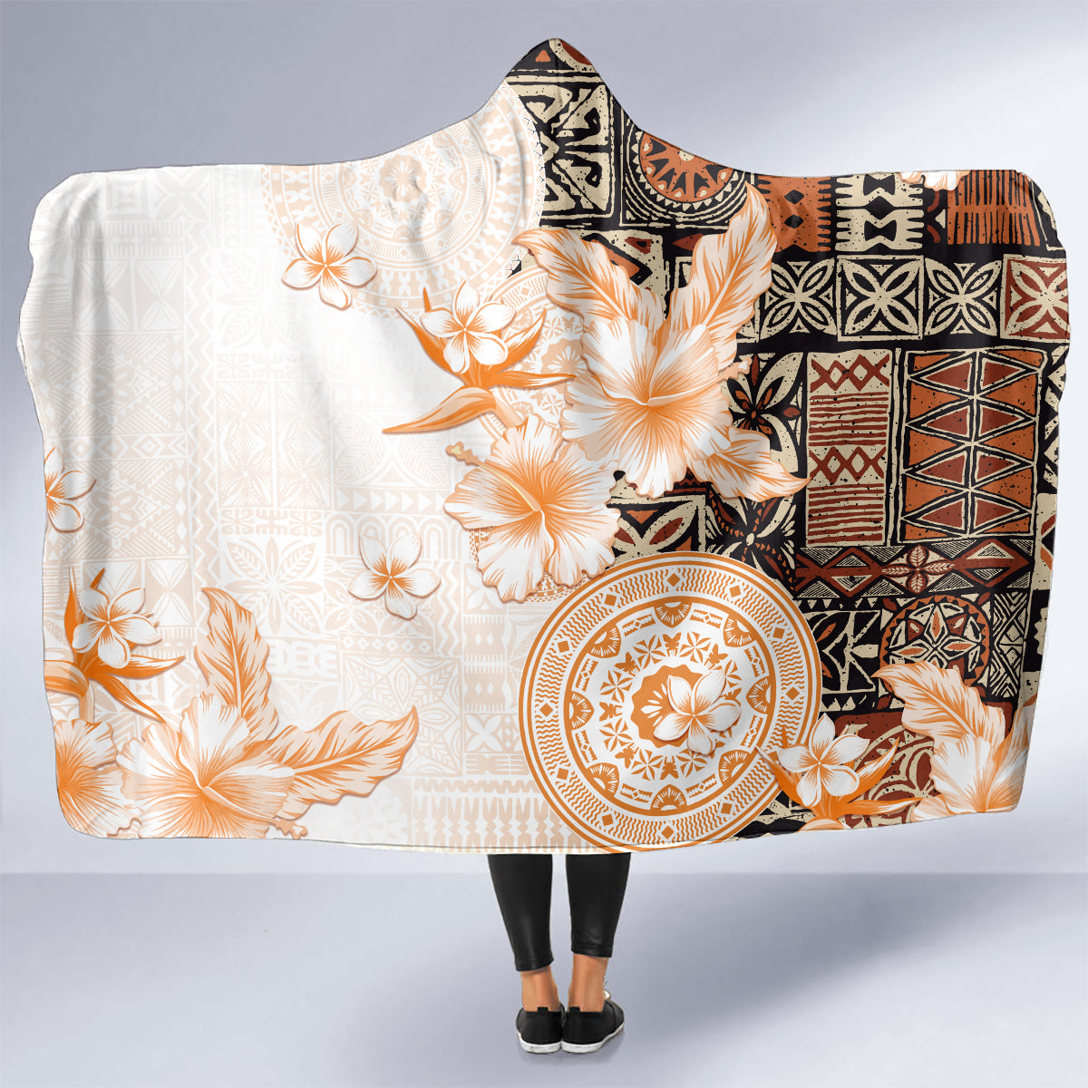 Fiji Hooded Blanket Masi Tapa Pattern Brown LT05 - Polynesian Pride