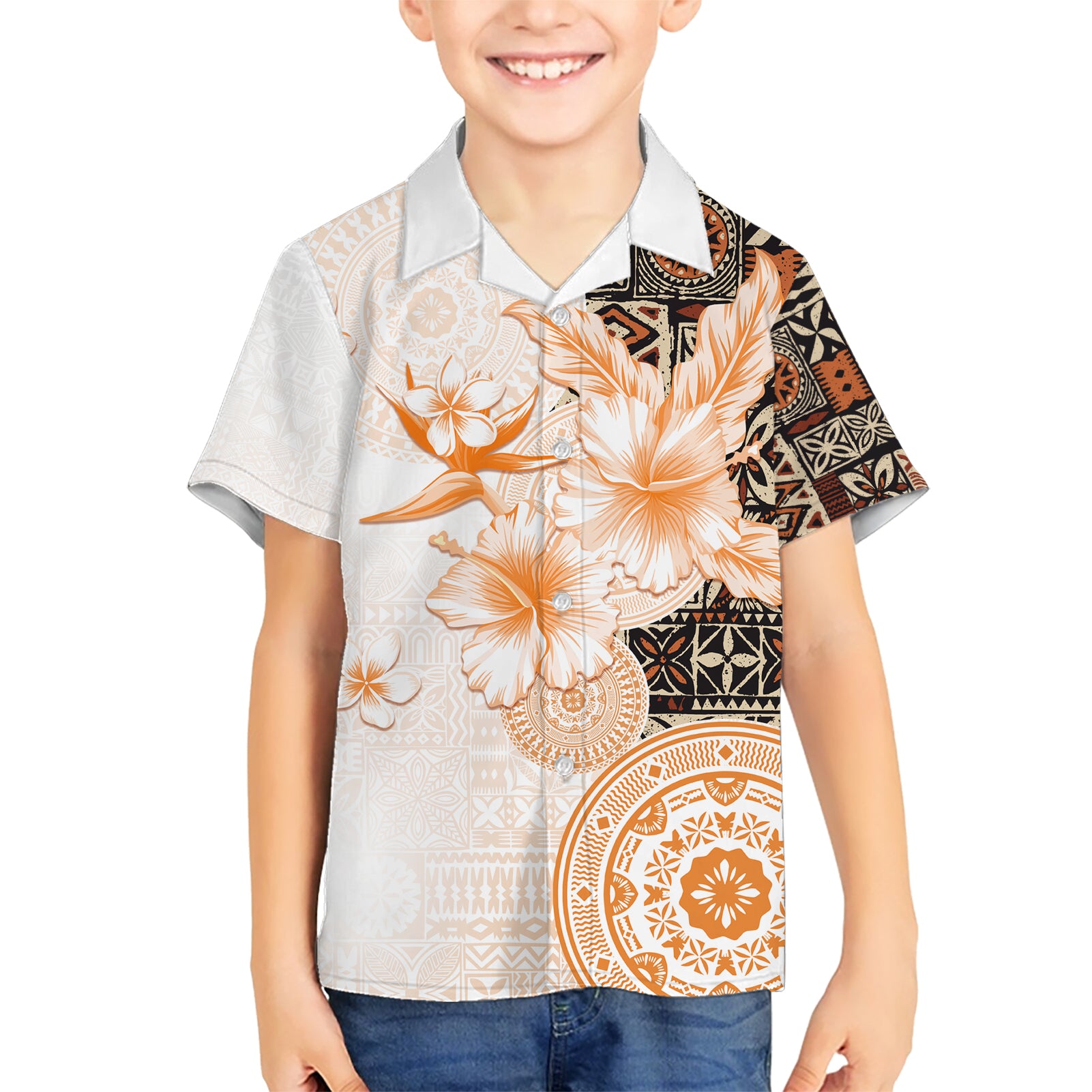 Fiji Kid Hawaiian Shirt Masi Tapa Pattern Brown LT05 Kid Brown - Polynesian Pride