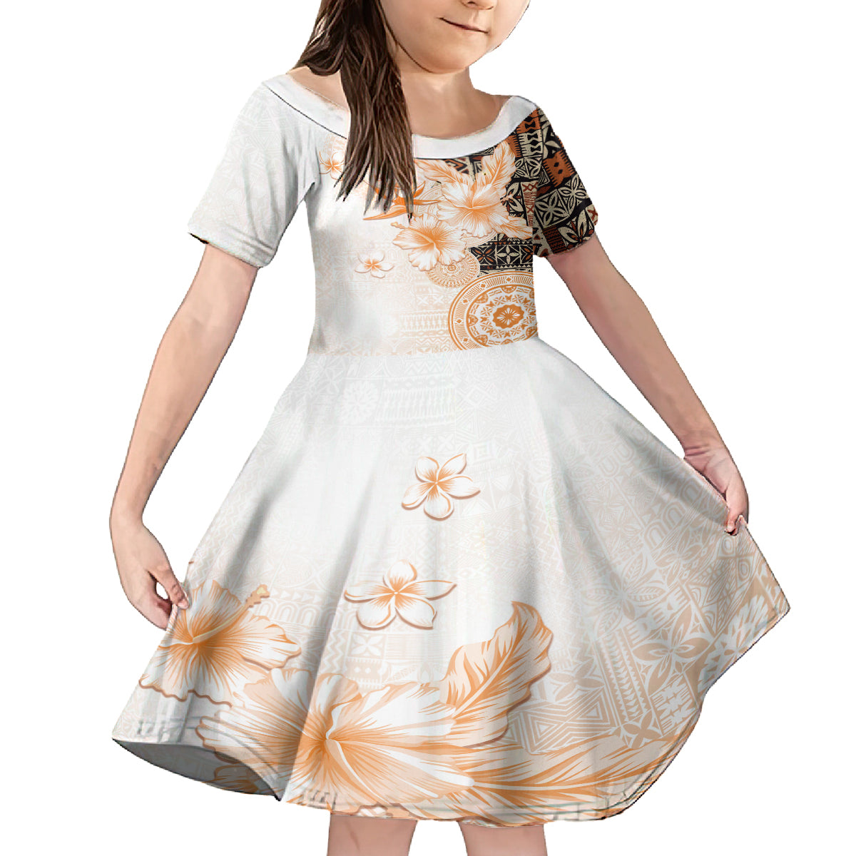 Fiji Kid Short Sleeve Dress Masi Tapa Pattern Brown LT05 KID Brown - Polynesian Pride