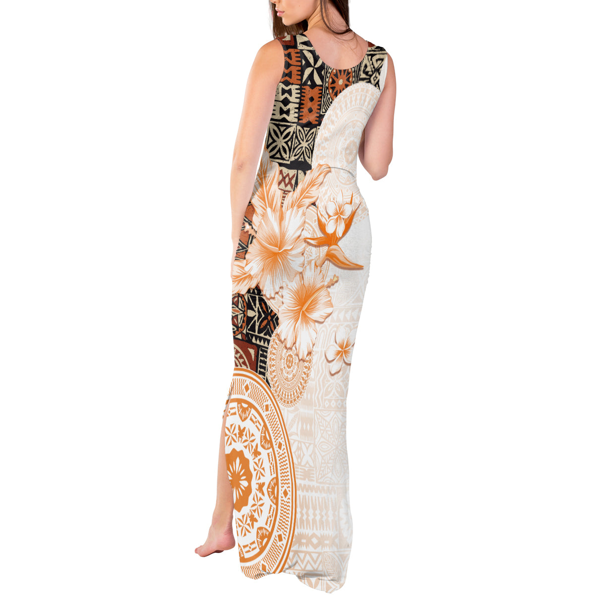 Fiji Tank Maxi Dress Masi Tapa Pattern Brown LT05 - Polynesian Pride