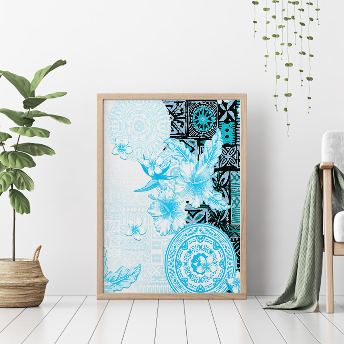 Fiji Canvas Wall Art Masi Tapa Pattern Blue LT05 - Polynesian Pride