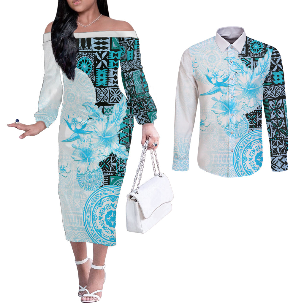 Fiji Couples Matching Off The Shoulder Long Sleeve Dress and Long Sleeve Button Shirt Masi Tapa Pattern Blue LT05 Blue - Polynesian Pride