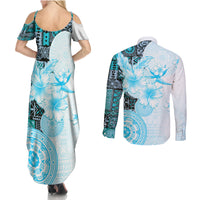 Fiji Couples Matching Summer Maxi Dress and Long Sleeve Button Shirt Masi Tapa Pattern Blue LT05 - Polynesian Pride