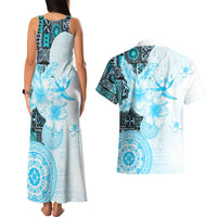 Fiji Couples Matching Tank Maxi Dress and Hawaiian Shirt Masi Tapa Pattern Blue LT05 - Polynesian Pride