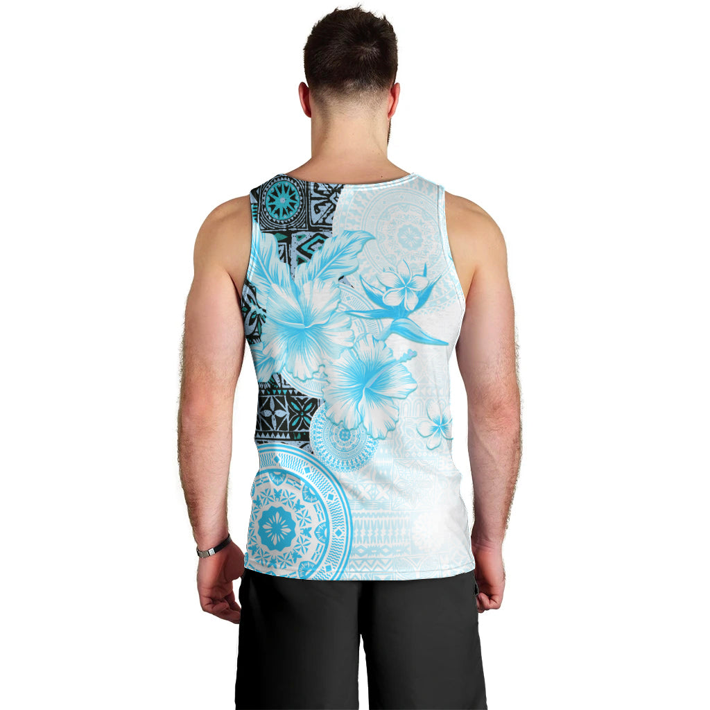 Fiji Men Tank Top Masi Tapa Pattern Blue LT05 - Polynesian Pride