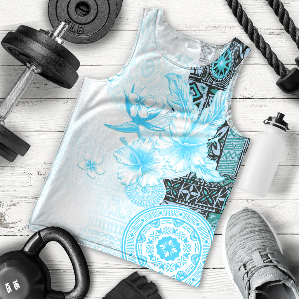 Fiji Men Tank Top Masi Tapa Pattern Blue LT05 - Polynesian Pride